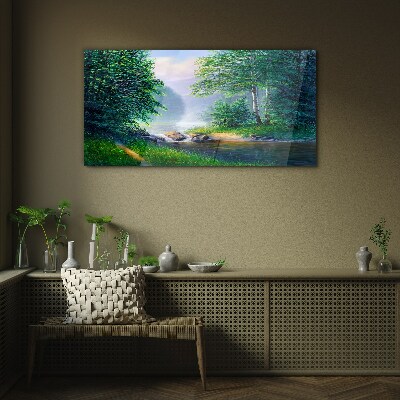 Schilderij op glas Een vredig landschap aan de rivier