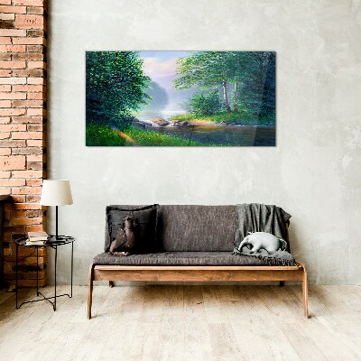 Schilderij op glas Een vredig landschap aan de rivier