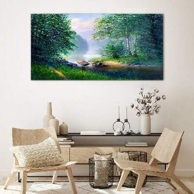 Schilderij op glas Een vredig landschap aan de rivier