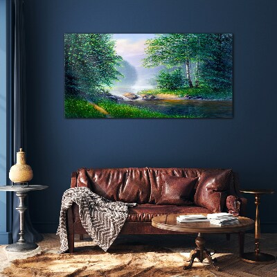 Schilderij op glas Een vredig landschap aan de rivier