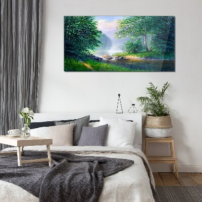 Schilderij op glas Een vredig landschap aan de rivier