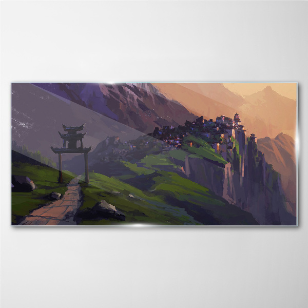 Glas foto Mistig berglandschap met een pagode