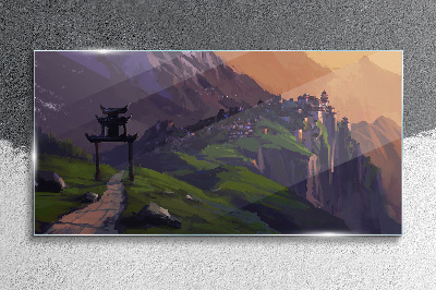 Glas foto Mistig berglandschap met een pagode