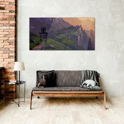 Glas foto Mistig berglandschap met een pagode