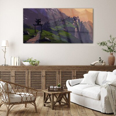 Glas foto Mistig berglandschap met een pagode