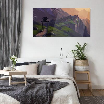 Glas foto Mistig berglandschap met een pagode