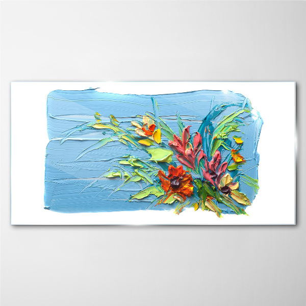 Foto op glas Bloemen op een blauwe achtergrond