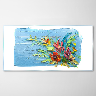 Foto op glas Bloemen op een blauwe achtergrond