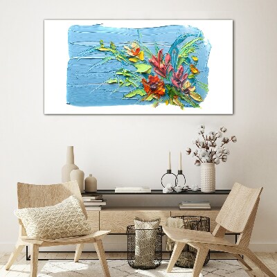 Foto op glas Bloemen op een blauwe achtergrond