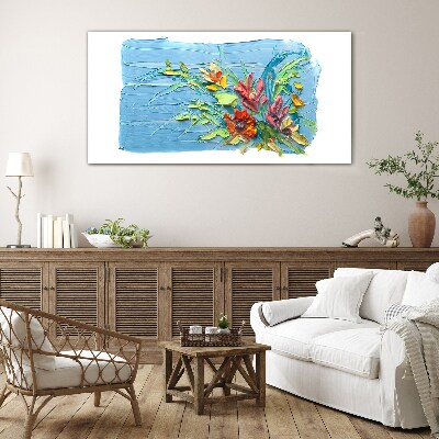 Foto op glas Bloemen op een blauwe achtergrond