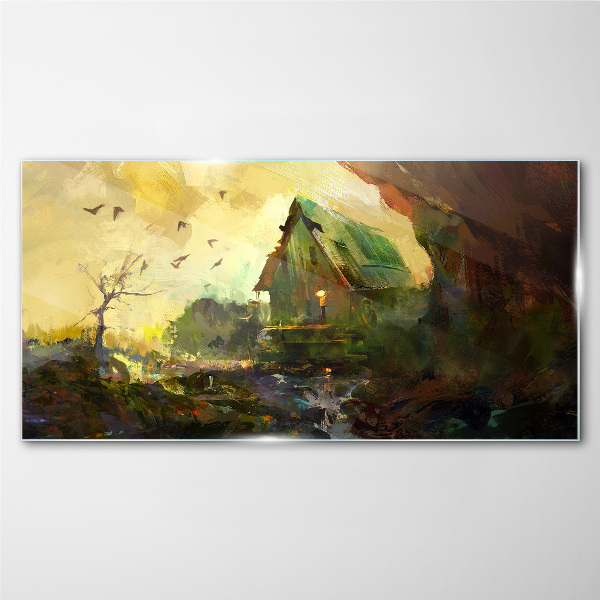 Schilderij op glas Winterlandschap met een huis