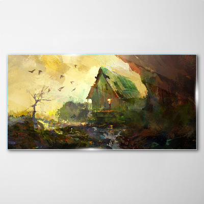 Schilderij op glas Winterlandschap met een huis