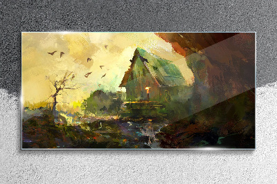 Schilderij op glas Winterlandschap met een huis