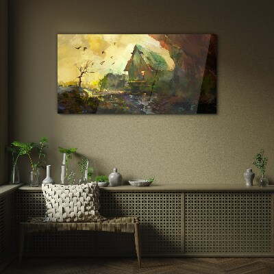 Schilderij op glas Winterlandschap met een huis