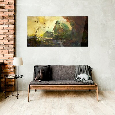 Schilderij op glas Winterlandschap met een huis