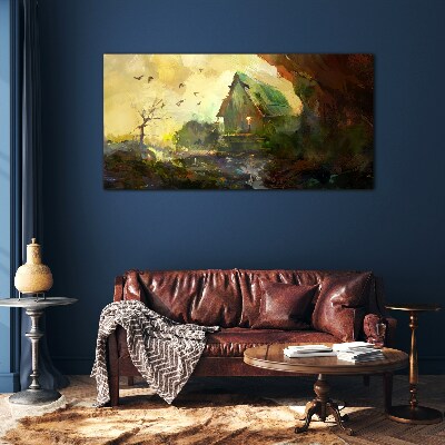 Schilderij op glas Winterlandschap met een huis