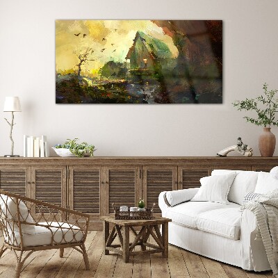 Schilderij op glas Winterlandschap met een huis