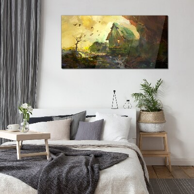 Schilderij op glas Winterlandschap met een huis