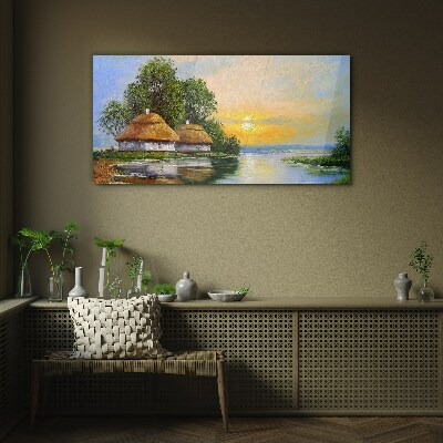 Glas foto Een vredige zonsondergang boven het dorp