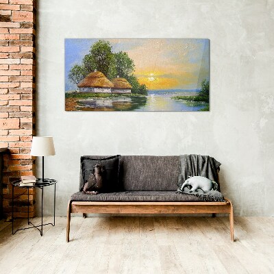 Glas foto Een vredige zonsondergang boven het dorp