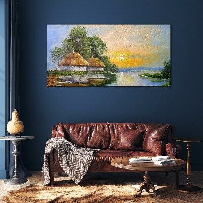 Glas foto Een vredige zonsondergang boven het dorp