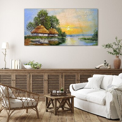 Glas foto Een vredige zonsondergang boven het dorp