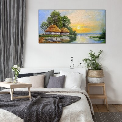 Glas foto Een vredige zonsondergang boven het dorp