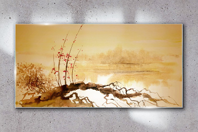 Foto op glas Gouden tinten aan de waterkant