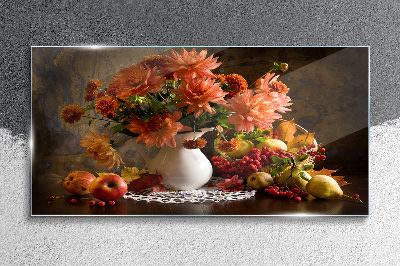 Schilderij op glas Bloemen en fruit in een vaas
