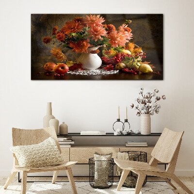 Schilderij op glas Bloemen en fruit in een vaas