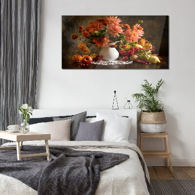 Schilderij op glas Bloemen en fruit in een vaas