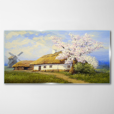 Foto op glas Landelijk landschap met een windmolen en bloemen