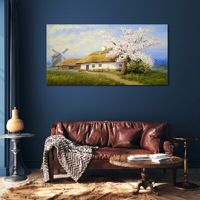 Foto op glas Landelijk landschap met een windmolen en bloemen