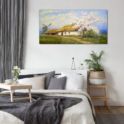 Foto op glas Landelijk landschap met een windmolen en bloemen