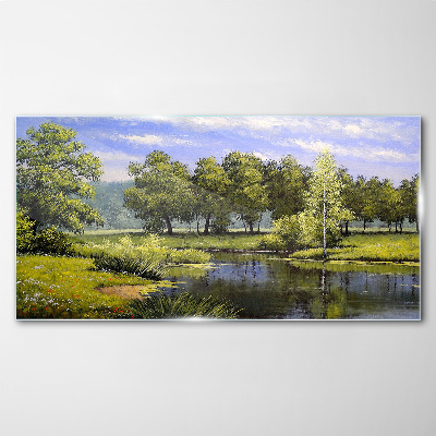 Foto op glas Een vredig landschap aan de rivier