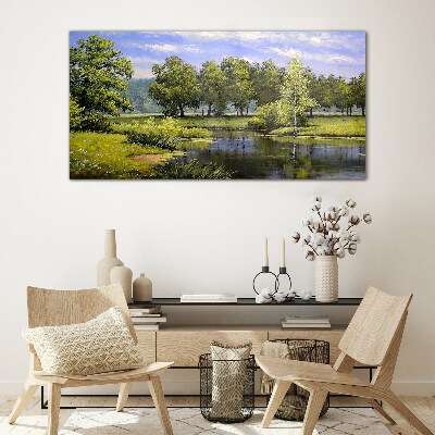 Foto op glas Een vredig landschap aan de rivier