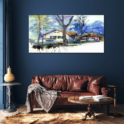 Schilderij op glas Landelijk landschap in aquarel