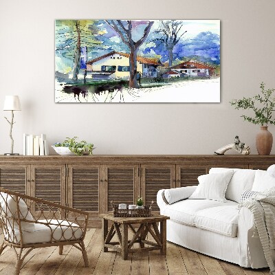 Schilderij op glas Landelijk landschap in aquarel