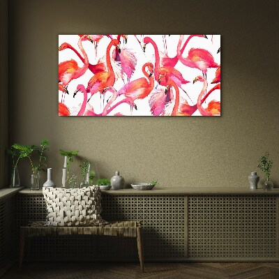Schilderij op glas Roze flamingo's in een tropische dans