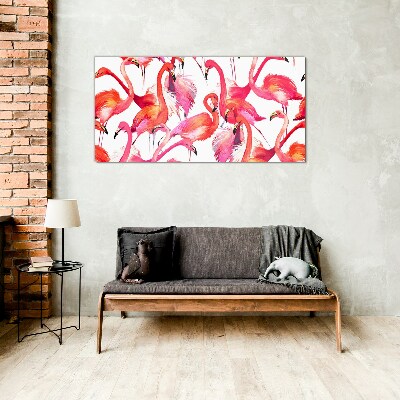 Schilderij op glas Roze flamingo's in een tropische dans