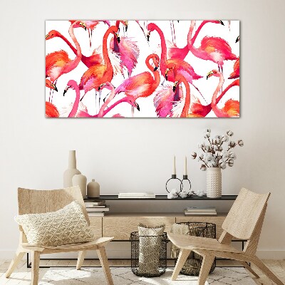 Schilderij op glas Roze flamingo's in een tropische dans
