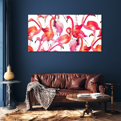 Schilderij op glas Roze flamingo's in een tropische dans