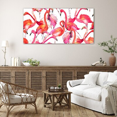 Schilderij op glas Roze flamingo's in een tropische dans