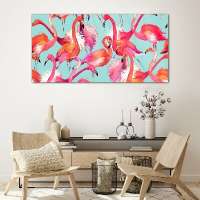 Glas foto Roze flamingo's op een turquoise achtergrond