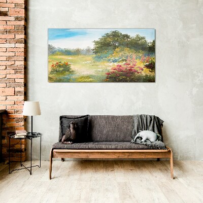 Glas foto Een bloemenlandschap op een zomermorgen