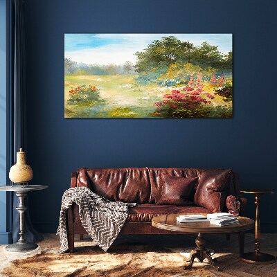 Glas foto Een bloemenlandschap op een zomermorgen