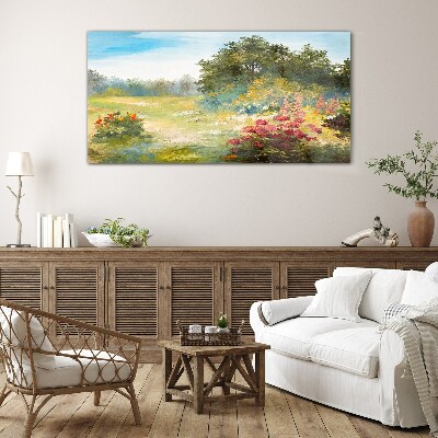 Glas foto Een bloemenlandschap op een zomermorgen