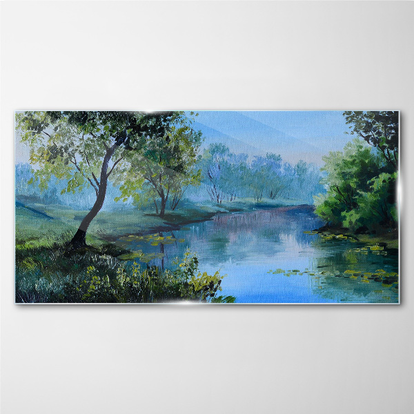 Schilderij op glas Een vredig landschap aan de rivier