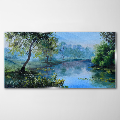 Schilderij op glas Een vredig landschap aan de rivier