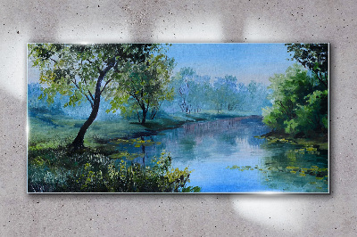 Schilderij op glas Een vredig landschap aan de rivier